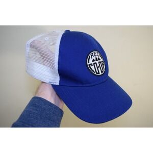 REI Co-op Mens Blue White Mesh Trucker Hat Snapback Mountain Logo Patch Cap